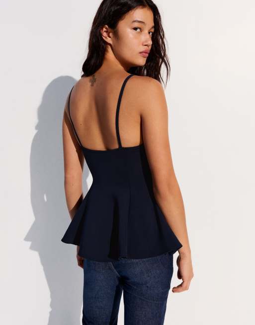 Bershka Ruffle strappy top in navy, 3 of 5