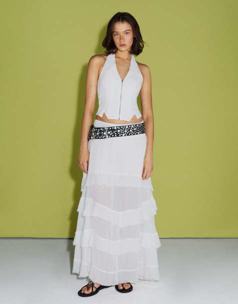 Bershka ruffled maxi skirt in white