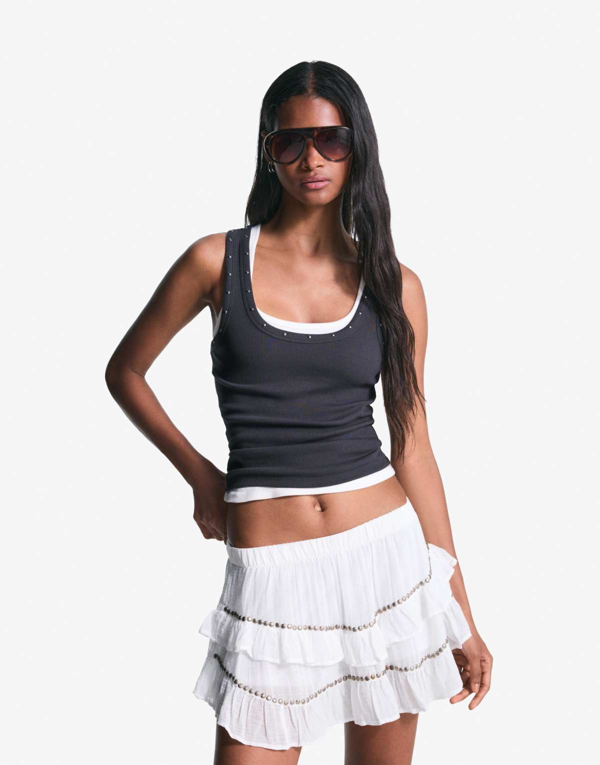 Bershka Ruffled mini skirt with studs in white
