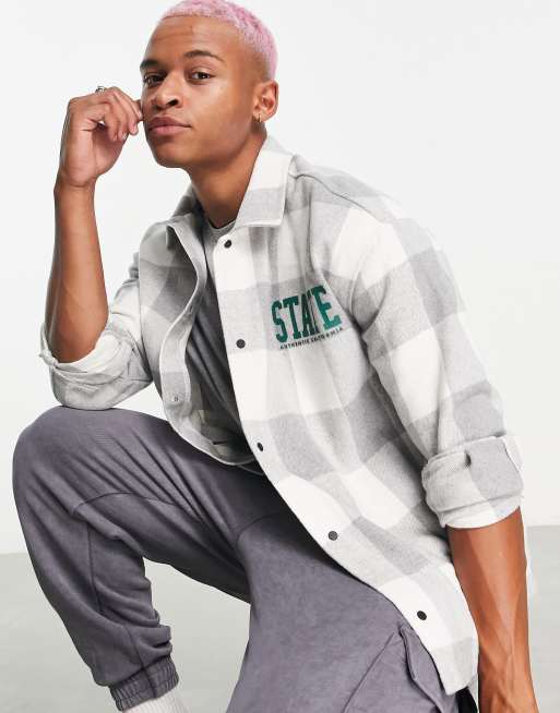 Bershka - Ruimvallend geruit overshirt van flanel in grijs
