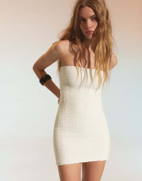 Bershka Rustic bandeau mini dress in white