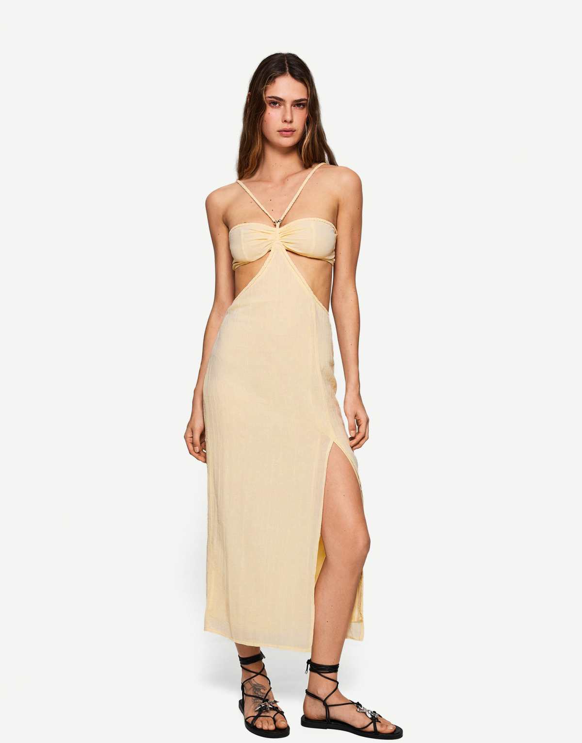 Bershka rustic cut out midi dress in white - CREAM