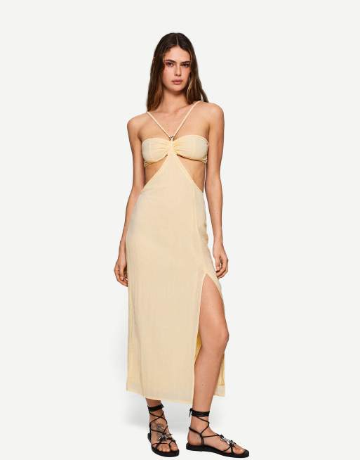 Bershka rustic cut out midi dress in white - CREAM