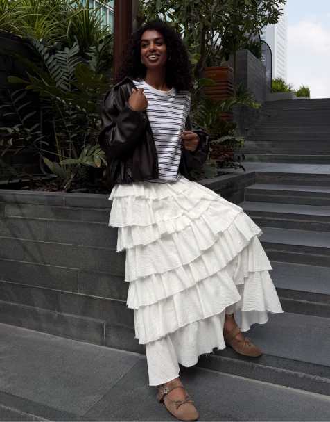 Bershka Rustic frill midi skirt in white - view 1