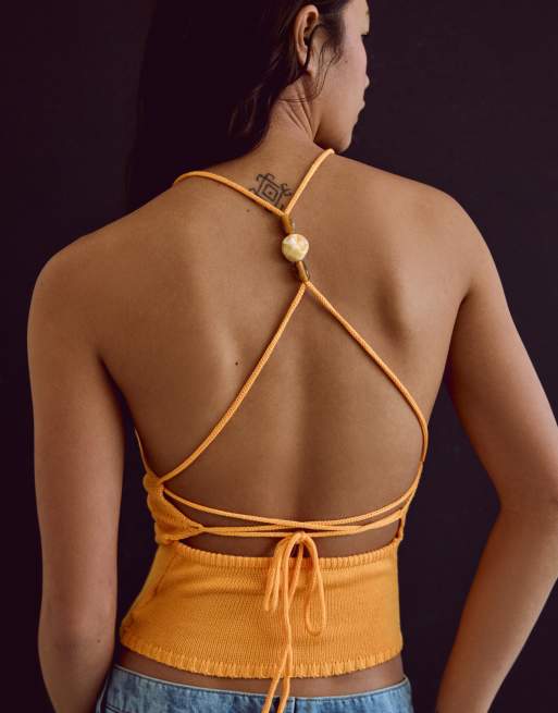 Bershka Rustic halter top in orange, 2 of 4