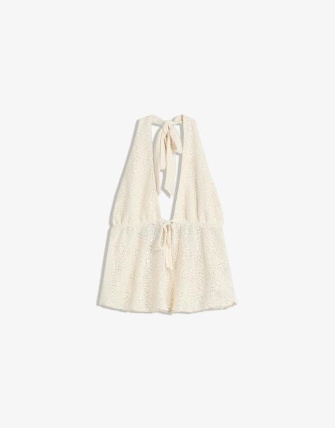 Bershka Rustic halter top with tie in white - view 1