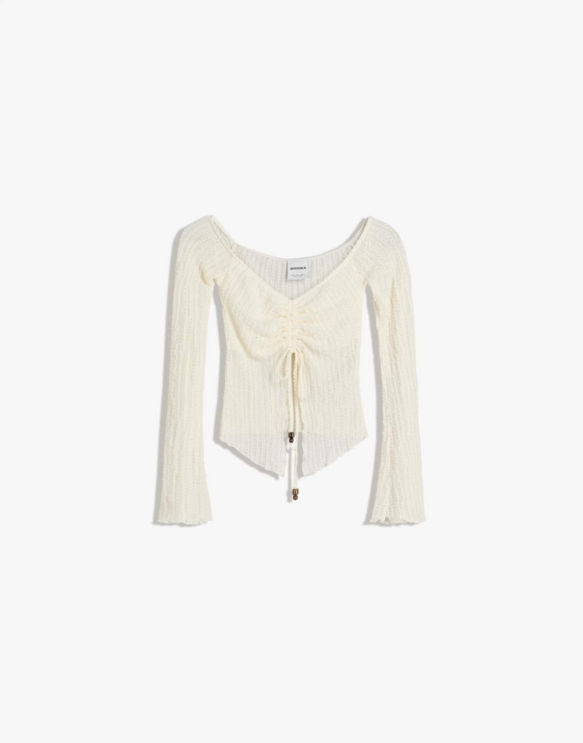 Bershka Rustic knit sweater with gathering in white