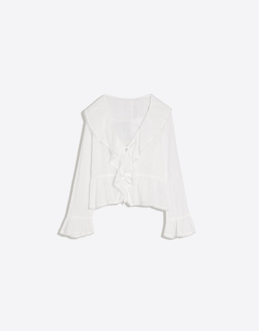 Bershka Rustic long sleeve ruffle blouse in white, 4 of 4