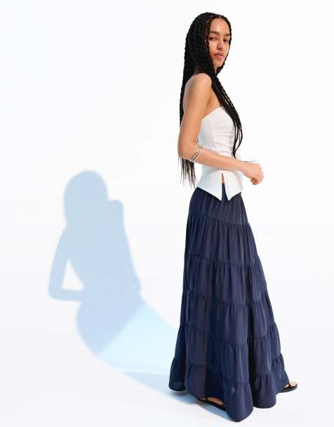 Bershka rustic midi skirt in navy