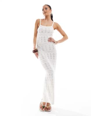 Bershka rustic openwork midi dress in white