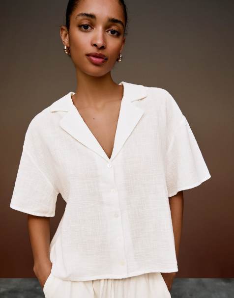 Bershka - Rustic - Overhemd met korte mouwen in wit - view 1