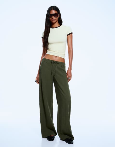 Bershka Rustic wide-leg trousers in green - view 1