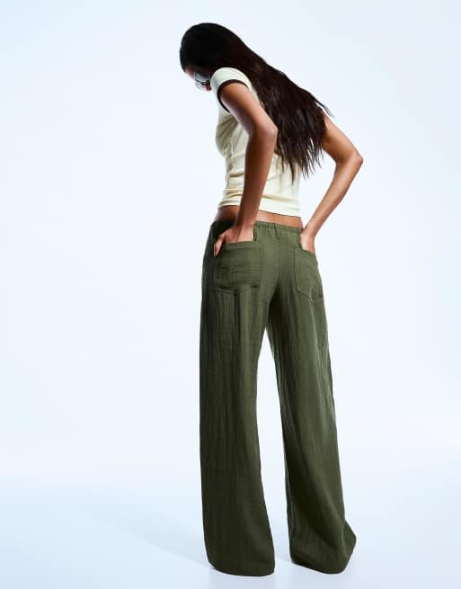 Bershka Rustic wide-leg trousers in green