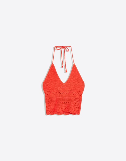 Bershka rustiek gebreide haltertop in oranje, 4 van 5