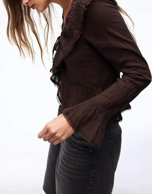 Bershka - Rustieke blouse met lange mouwen en ruches in bruin, 2 van 4