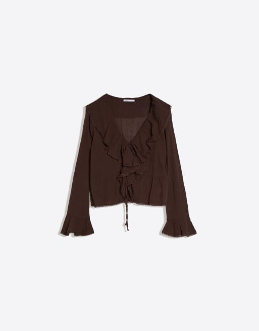 Bershka - Rustieke blouse met lange mouwen en ruches in bruin, 3 van 4