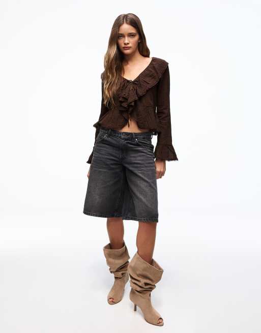Bershka - Rustieke blouse met lange mouwen en ruches in bruin, 4 van 4