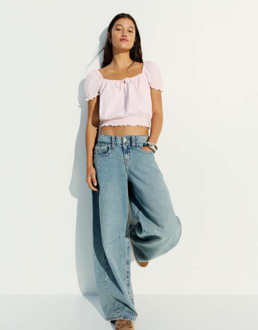 Bershka - Rustieke blouse met pofmouwen in roze, 2 van 4