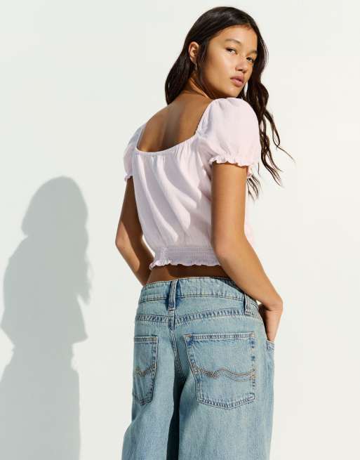 Bershka - Rustieke blouse met pofmouwen in roze, 3 van 4
