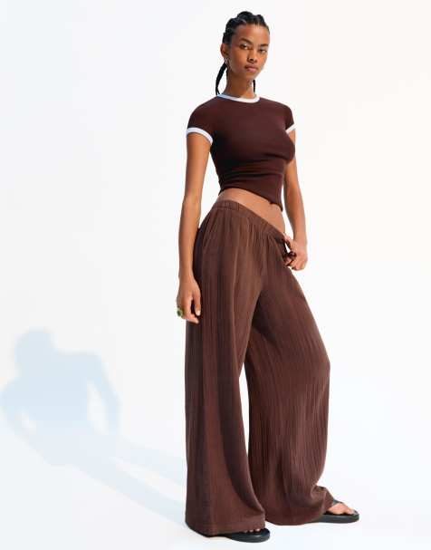 Bershka - Rustieke dubbellaagse broek met wijde pijpen in bruin - view 1