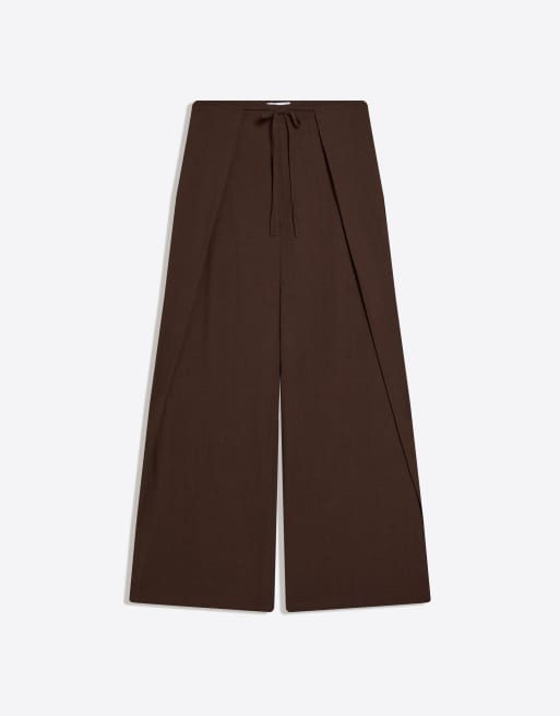 Bershka - Rustieke geplooide broek met wijde pijpen in bruin, 4 van 4