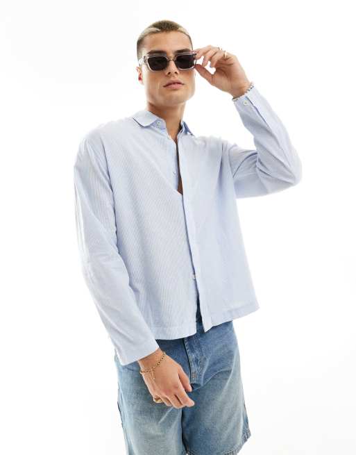 Bershka - Rustieke linnen overhemd met lange mouwen in blauw