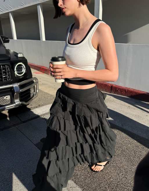 Bershka - Rustieke midirok met ruches in verwassen grijs, 3 van 4