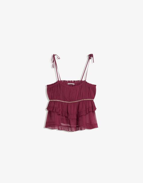 Bershka - Rustieke top met dunne bandjes en studs in bordeauxrood - view 1