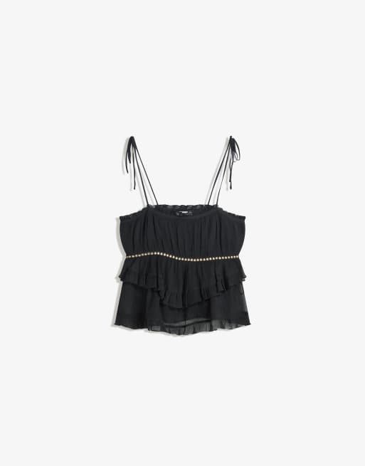 Bershka - Rustieke top met dunne bandjes en studs in zwart