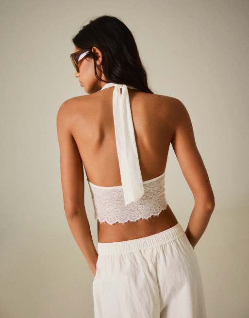 Bershka rustik asymmetrisk blondetop i hvid, 3 af 5