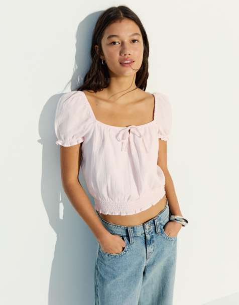 Bershka – Rustikale Bluse in Rosa mit Puffärmeln - view 1