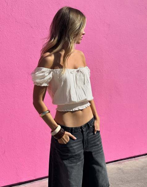 Bershka – Rustikale Bluse in Weiß mit Puffärmeln - view 1