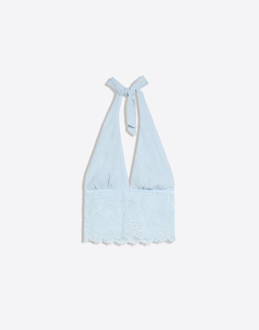 Bershka rustikales asymmetrisches Spitzentop in Denimblau, 5 von 5