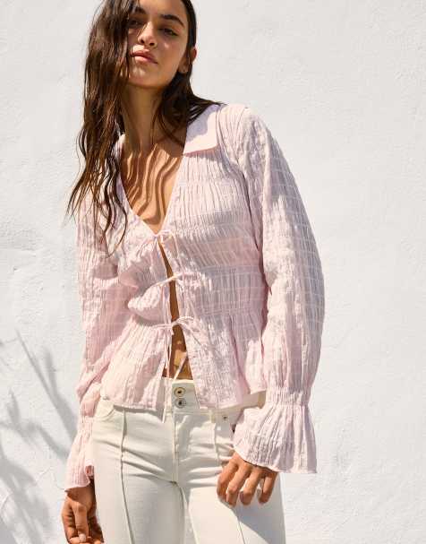 Bershka – Rustikales, gerafftes Hemd in Rosa - view 1