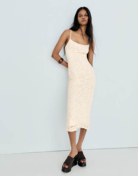 Bershka – Rustikales Midikleid in Ecru mit Riemchenträgern - view 1