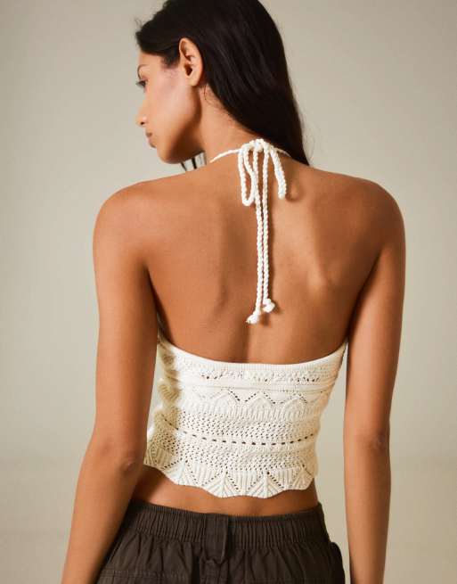 Bershka rustikales Strick-Halterneck-Top in Ecru, 3 von 5