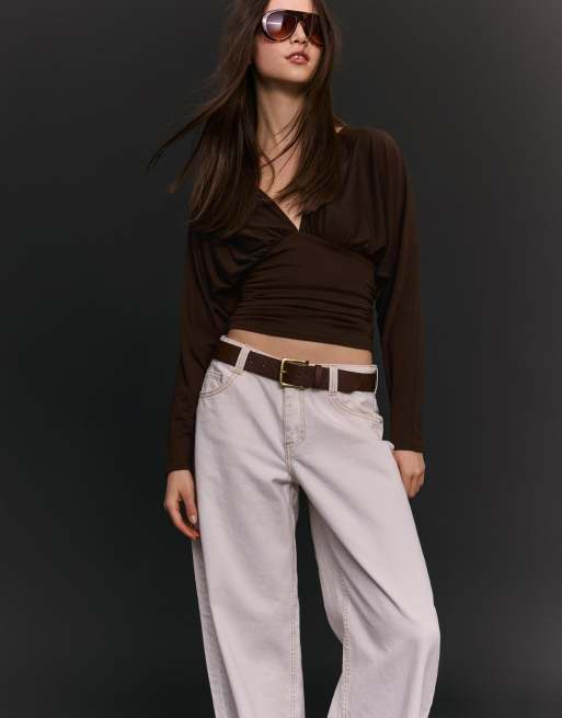 Bershka - Rynket brun T-shirt med lange ærmer, 3 af 4
