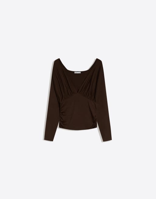 Bershka - Rynket brun T-shirt med lange ærmer, 4 af 4