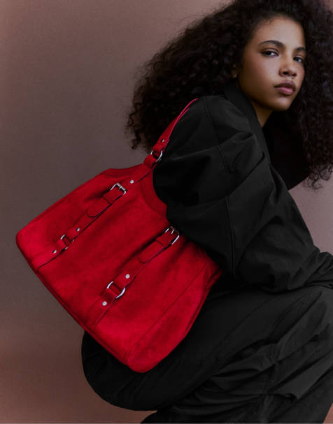 Bershka sac à boucle en daim synthétique rouge - view 1