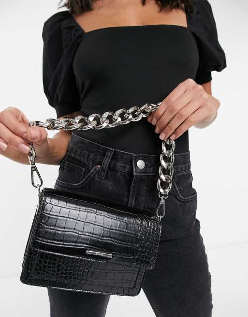 Bershka Sac bandouli re effet croco avec grosse cha ne Noir