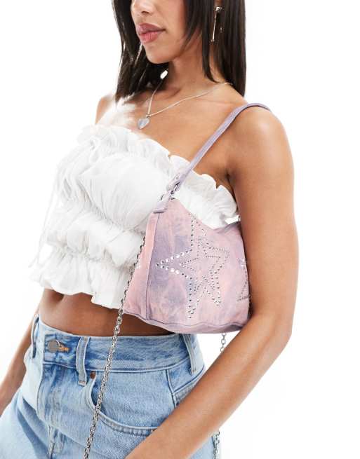 Bershka - Sac porté épaule en denim avec étoiles cloutées - Violet délavé