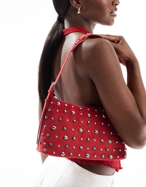 Bershka - Sac porté épaule en imitation daim à clous - Rouge - view 1