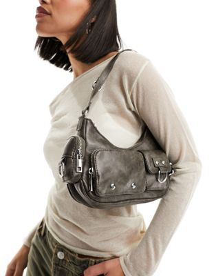 Bershka utility pocket faux leather shoulder bag in washed brown - ASOS Price Checker