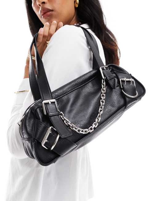 Bershka - Sac porté épaule imitation cuir à détail chaîne - Noir, 2 de 4