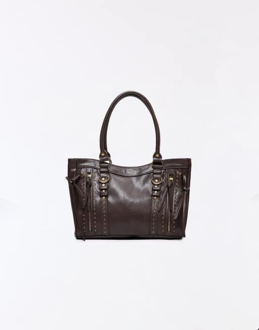 Bershka - Sac zippé à clous - Marron, 2 de 5