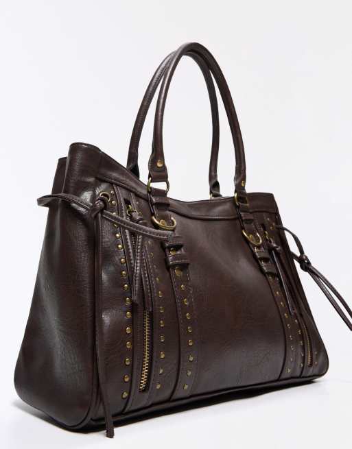 Bershka - Sac zippé à clous - Marron, 4 de 5