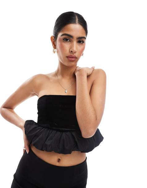 Bershka – Samt-Oberteil in Schwarz mit Ballonsaum - view 1