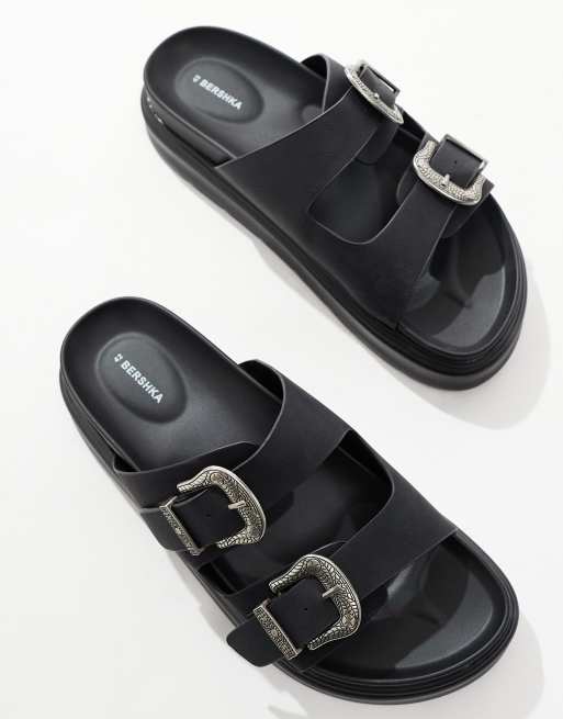 Bershka – Sandalen in Schwarz mit doppeltem Riemen und Schnallendetail, 2 von 4