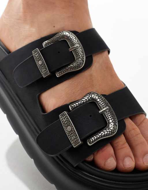 Bershka – Sandalen in Schwarz mit doppeltem Riemen und Schnallendetail, 3 von 4