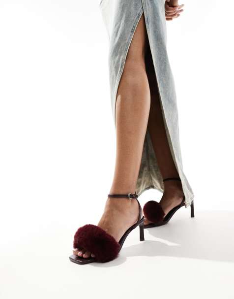 Bershka - Sandalen met hak en imitatiebont in bordeauxrood - view 1
